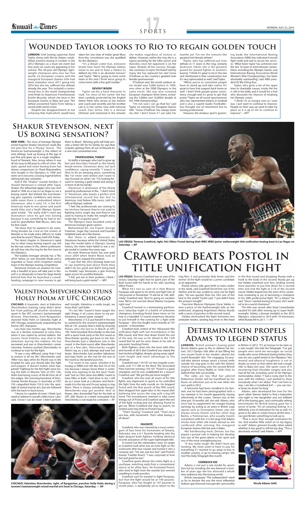 Crawford Beats Postol in Title Unification Fight