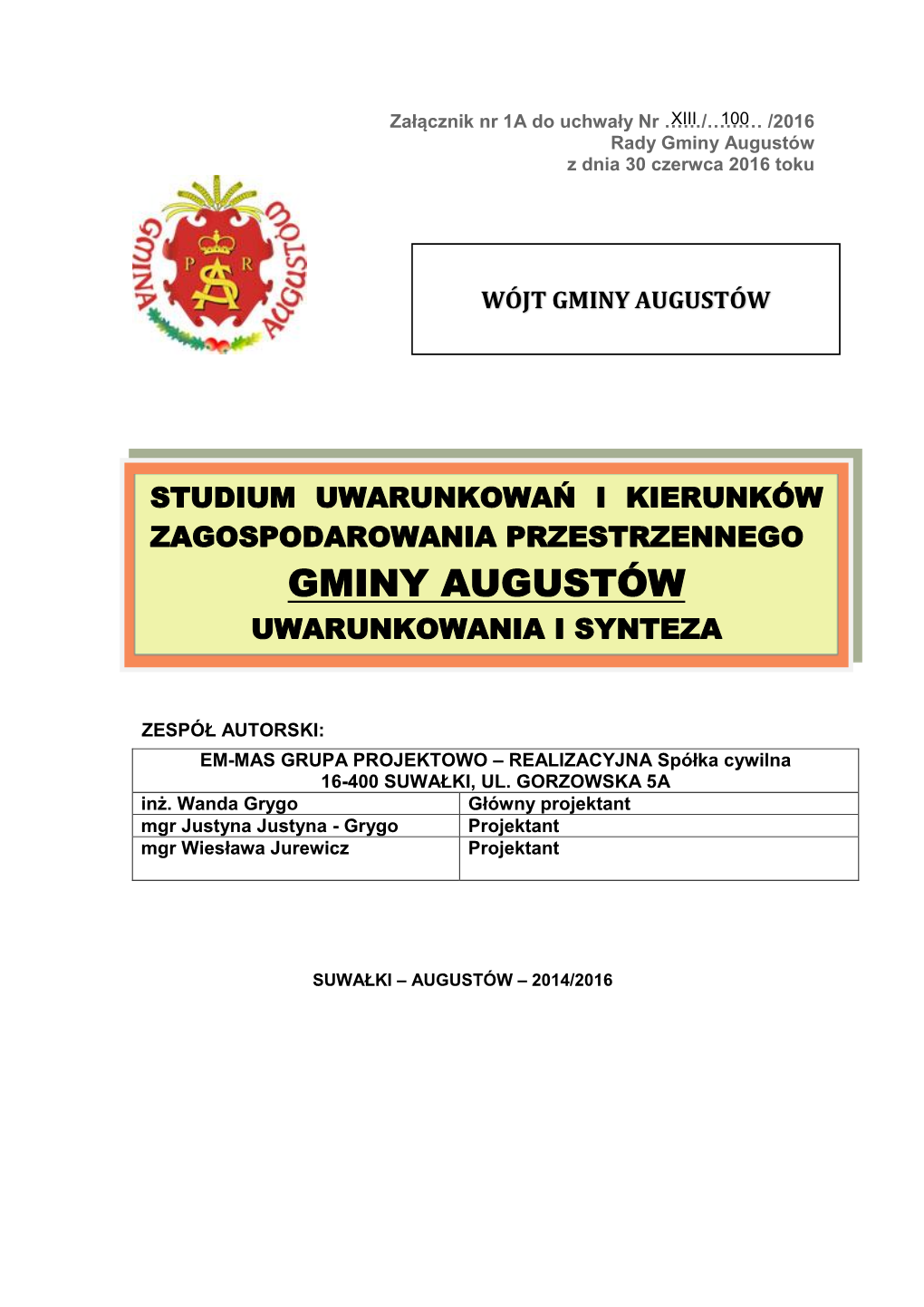 Gminy Augustów Z Dnia 30 Czerwca 2016 Toku