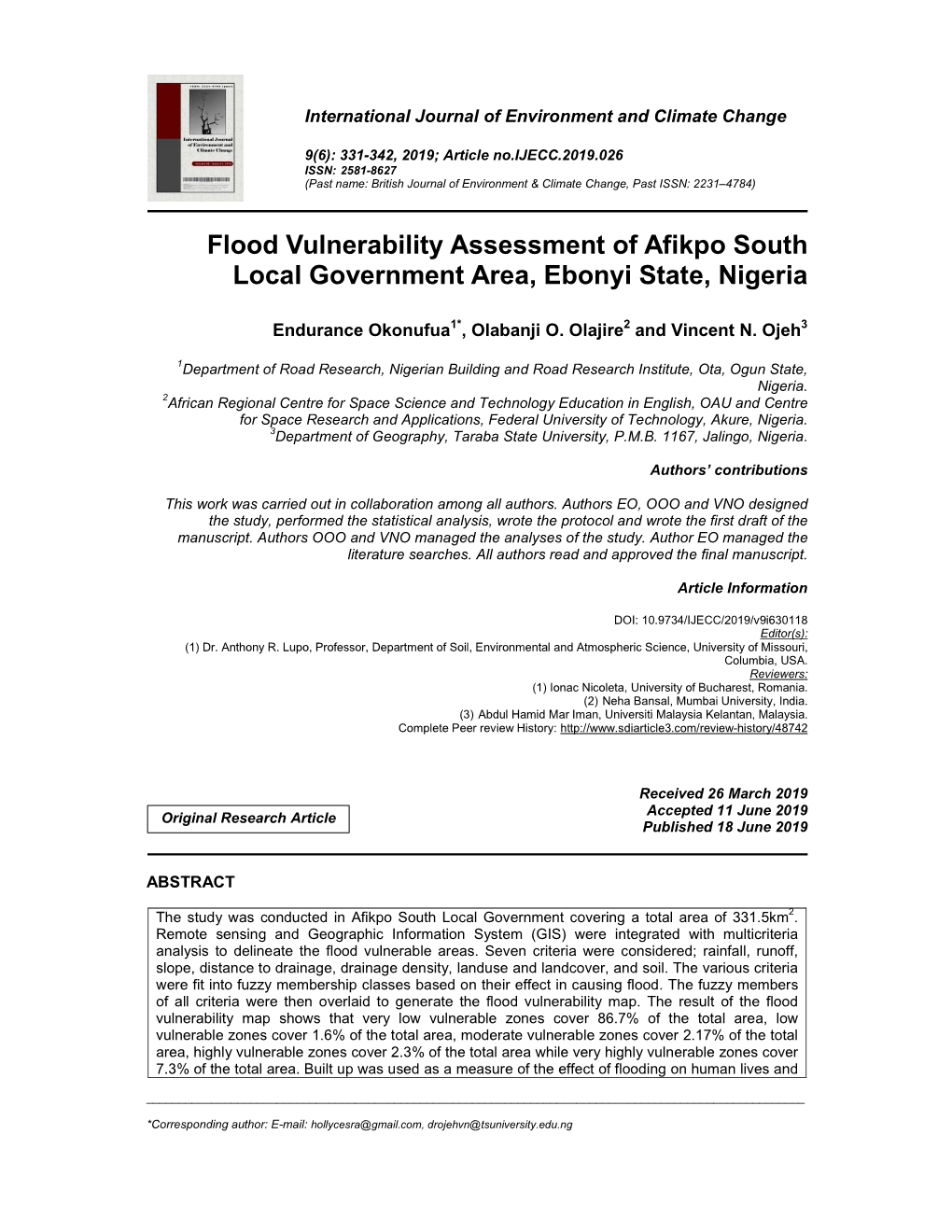 Flood Vulnerability Assessment of Afikpo South Local Government Area, Ebonyi State, Nigeria