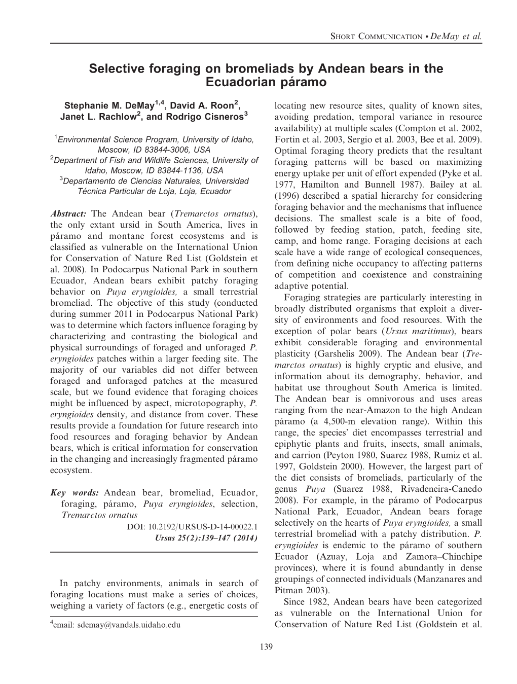 Selective Foraging on Bromeliads by Andean Bears in the Ecuadorian Pa´Ramo