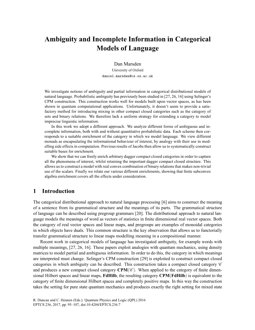 Ambiguity and Incomplete Information in Categorical Models of Language