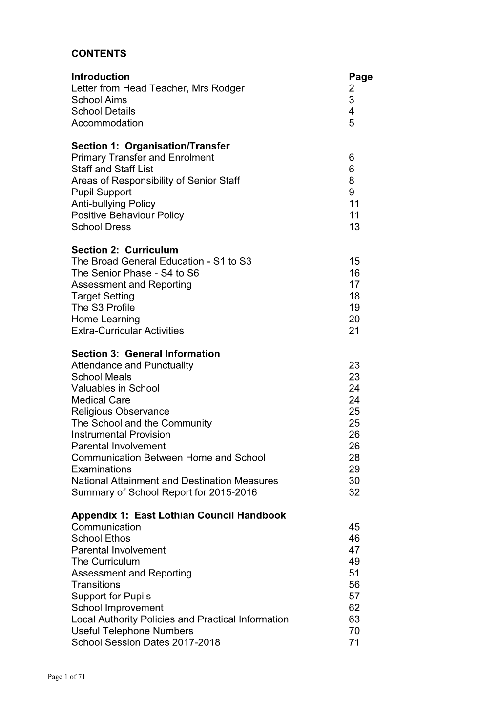 CONTENTS Introduction Page Letter from Head Teacher