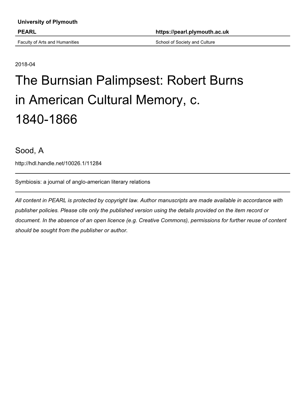 Robert Burns in American Cultural Memory, C. 1840-1866