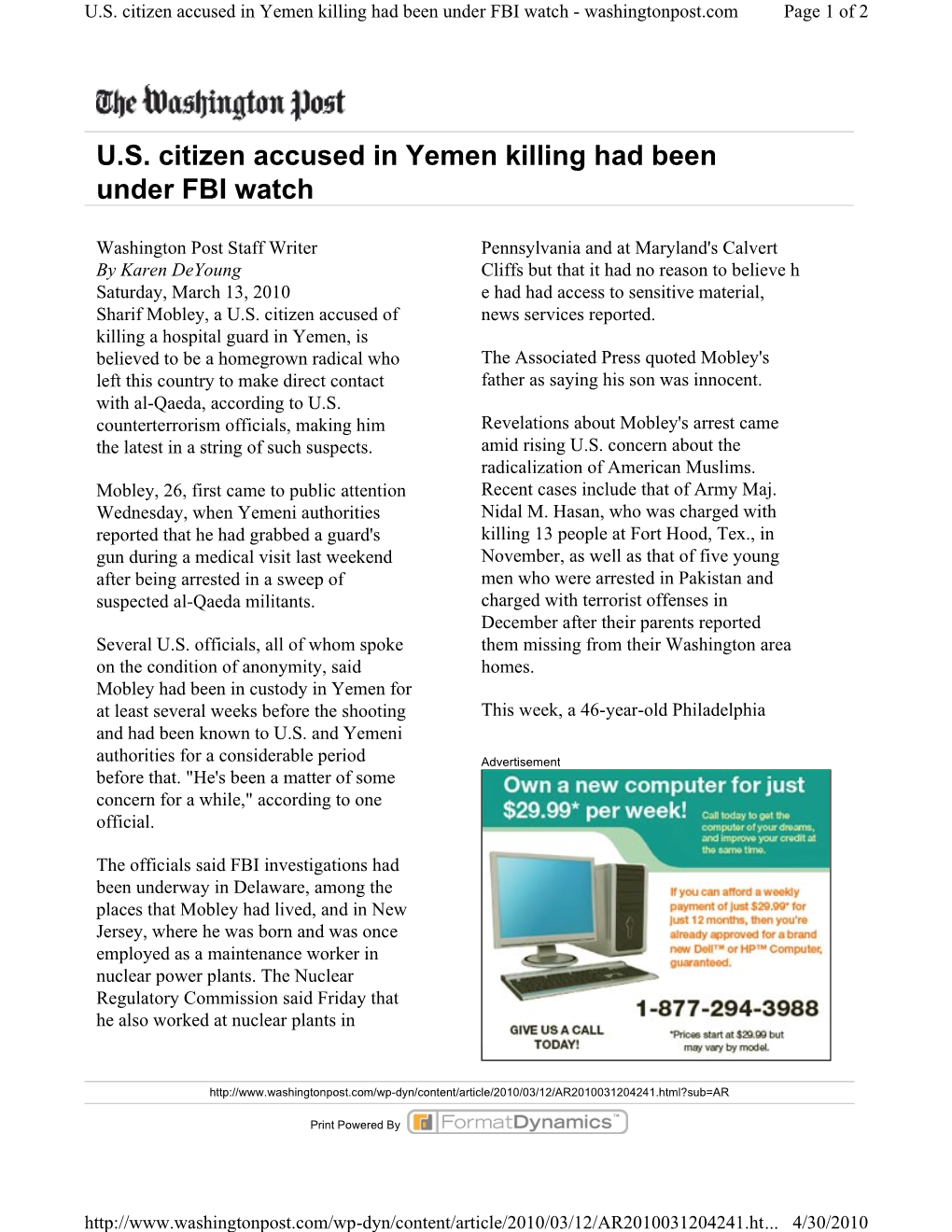 U.S. Citizen Accused in Yemen Killing Had Been Under FBI Watch - Washingtonpost.Com Page 1 of 2