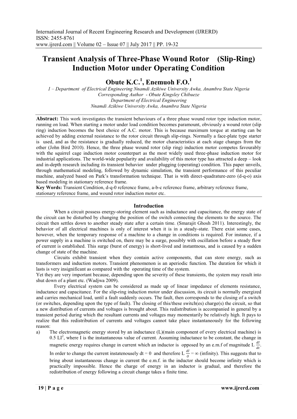 Transient Analysis of Three-Phase Wound Rotor (Slip-Ring) Induction Motor Under Operating Condition