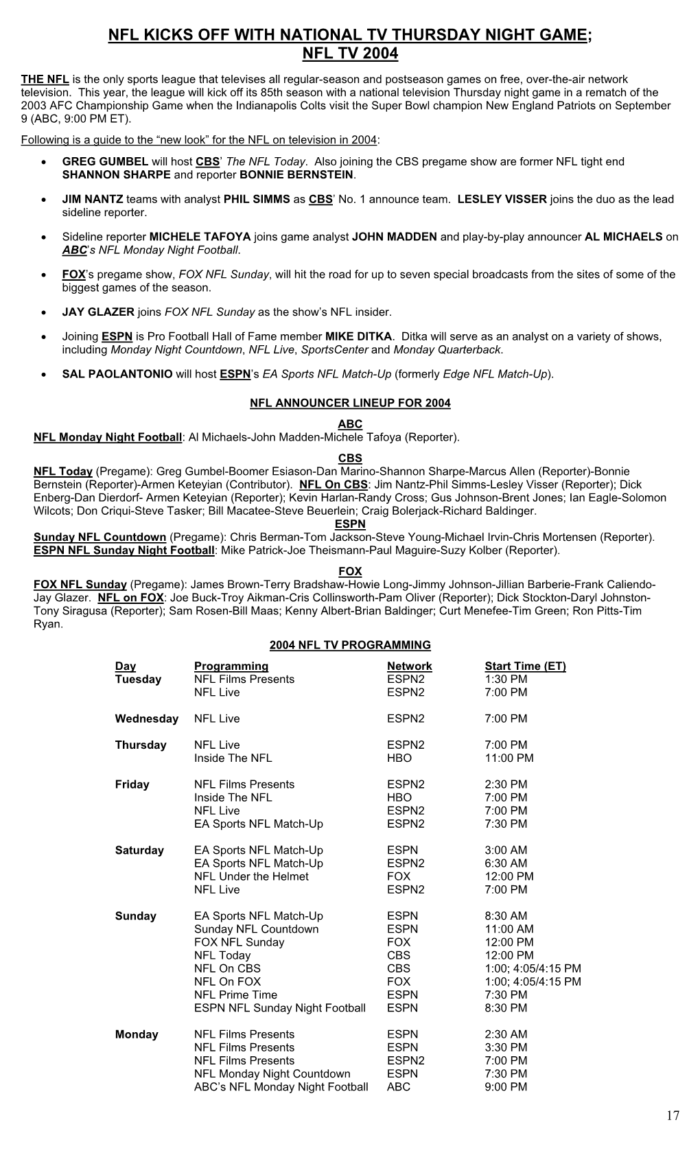 2004 Nfl Tv Plans, Announcers, Programming