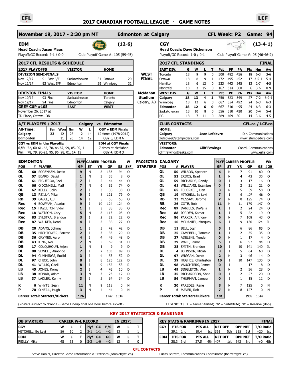 2017 Cfl Game Notes – West Final • Edmonton at Calgary