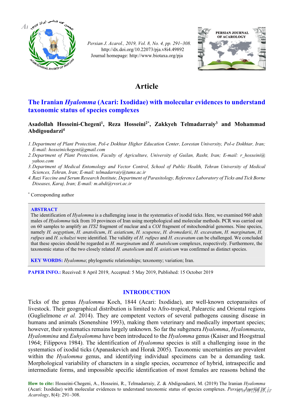 The Iranian Hyalomma (Acari: Ixodidae) with Molecular Evidences to Understand Taxonomic Status of Species Complexes