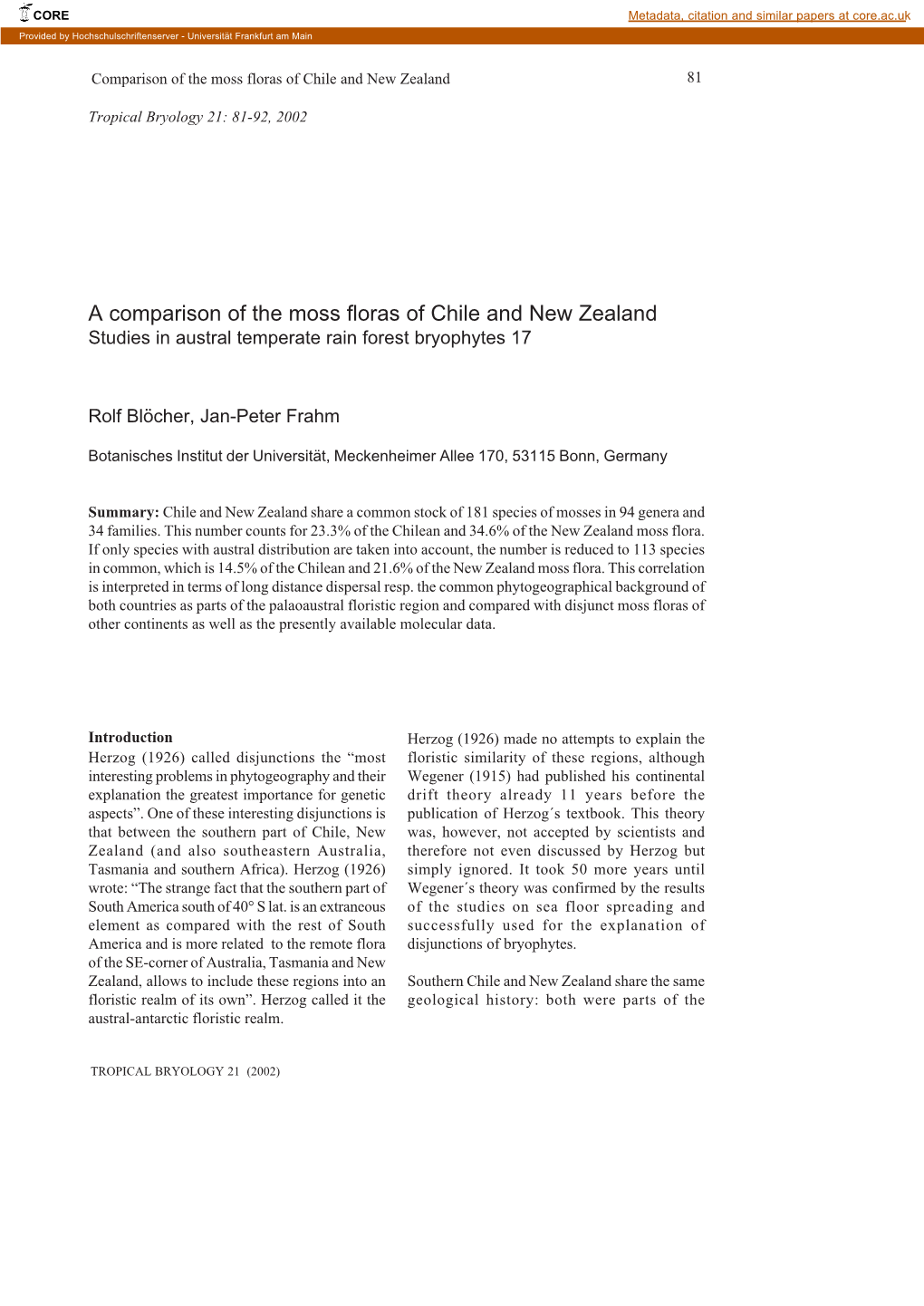 A Comparison of the Moss Floras of Chile and New Zealand Studies in Austral Temperate Rain Forest Bryophytes 17