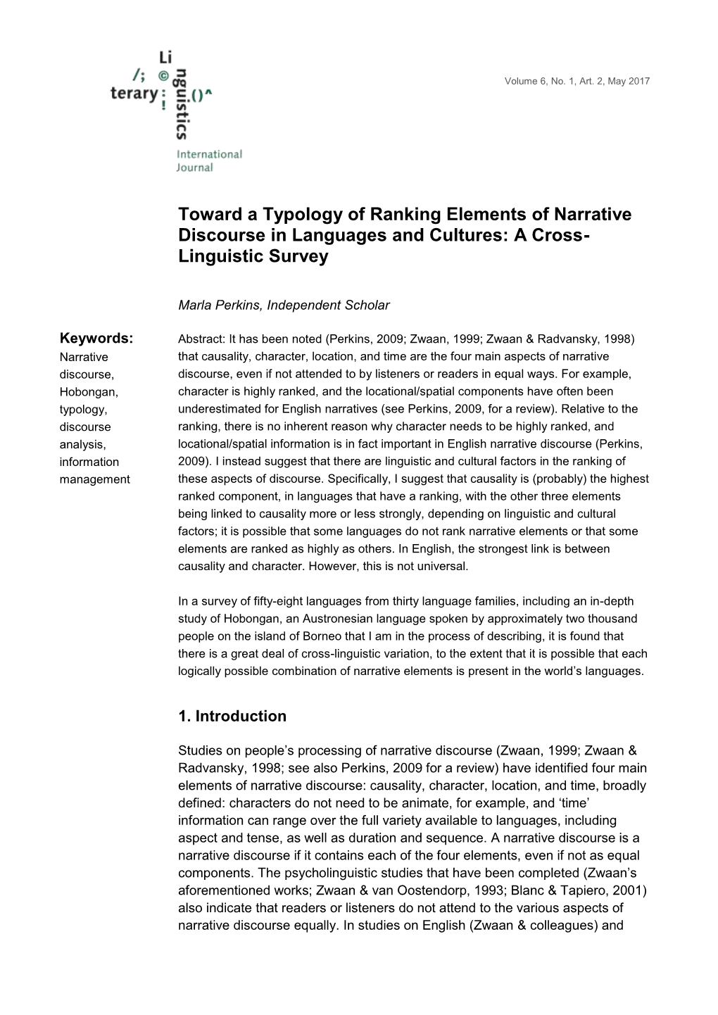 Toward a Typology of Ranking Elements of Narrative Discourse in Languages and Cultures: a Cross- Linguistic Survey