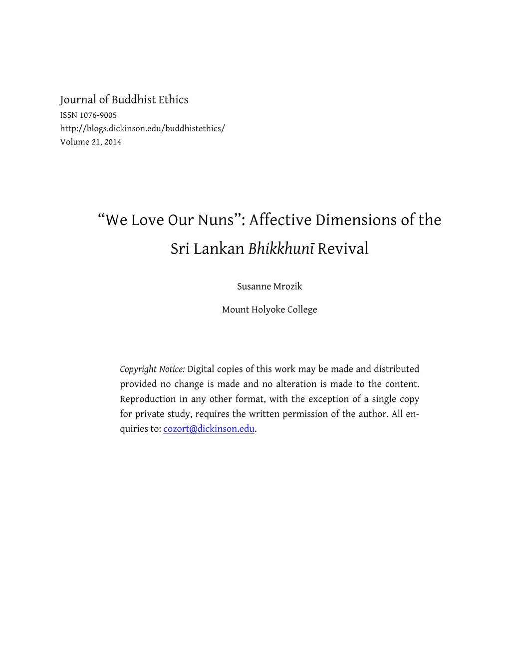 “We Love Our Nuns”: Affective Dimensions of the Sri Lankan Bhikkhunī Revival