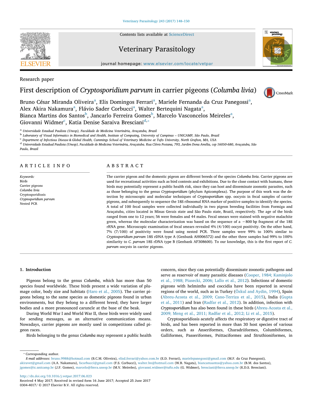 First Description of Cryptosporidium Parvum in Carrier Pigeons