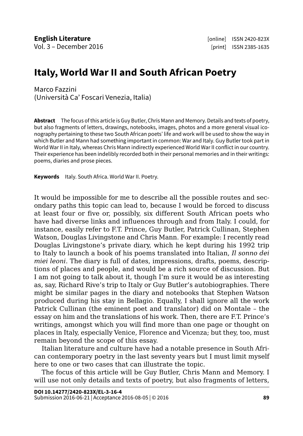 Italy, World War II and South African Poetry