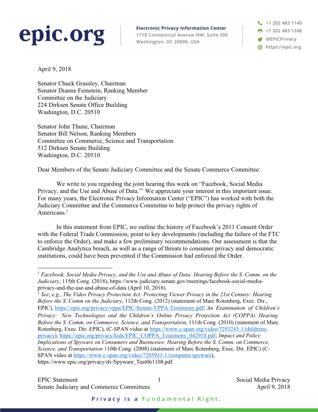EPIC Statement 1 Social Media Privacy Senate Judiciary and Commerce Committees April 9, 2018