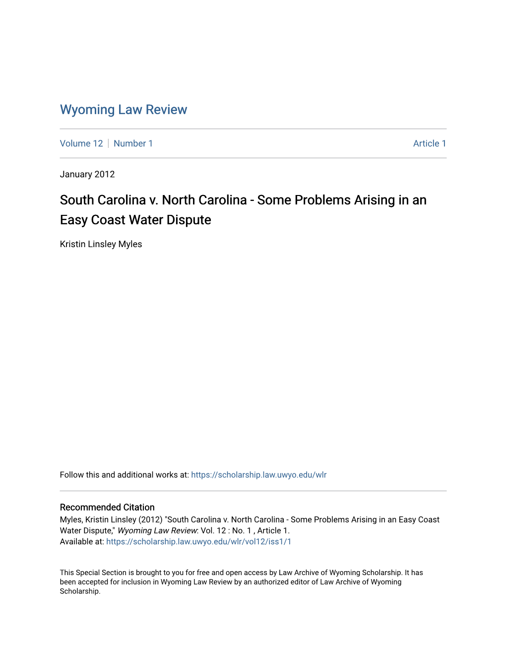 South Carolina V. North Carolina - Some Problems Arising in an Easy Coast Water Dispute