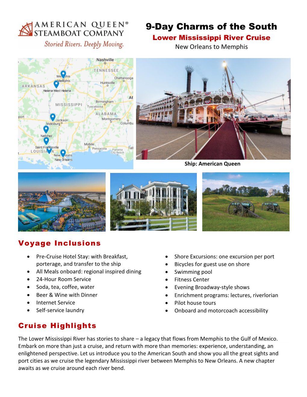 9-Day Charms of the South Lower Mississippi River Cruise New Orleans to Memphis