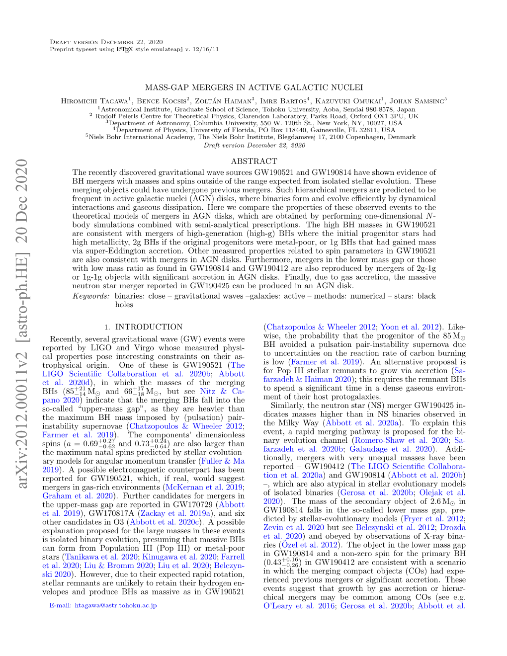 Arxiv:2012.00011V2 [Astro-Ph.HE] 20 Dec 2020 Mergers in Gas-Rich Environments (Mckernan Et Al