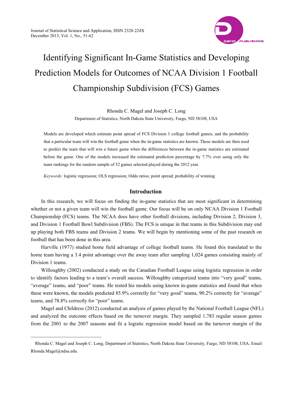 Identifying Significant In-Game Statistics and Developing Prediction Models for Outcomes of NCAA Division 1 Football Championship Subdivision (FCS) Games