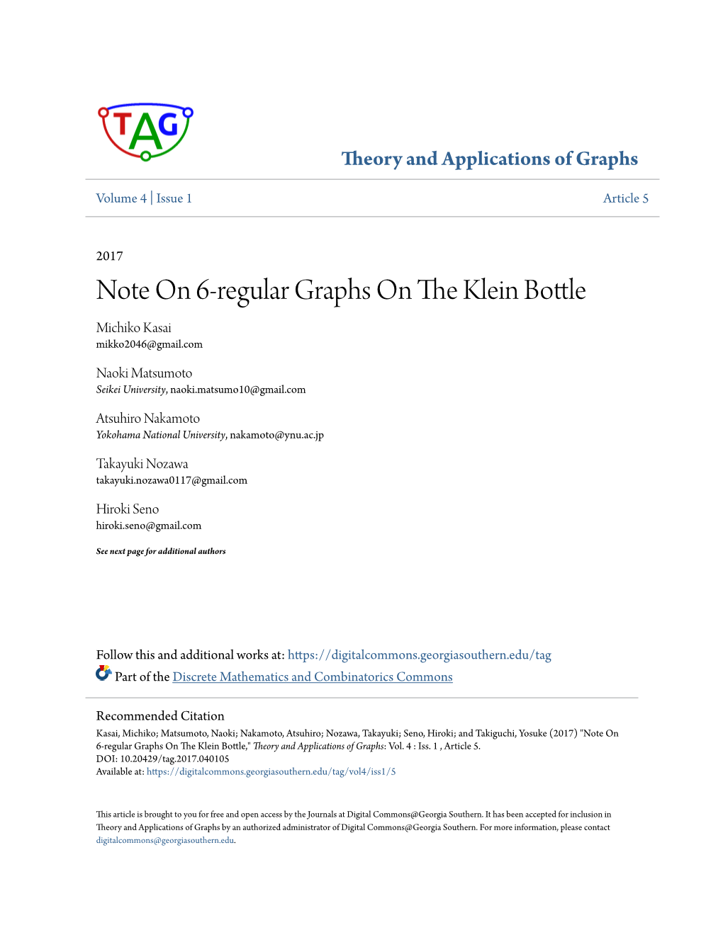 Note on 6-Regular Graphs on the Klein Bottle Michiko Kasai Mikko2046@Gmail.Com