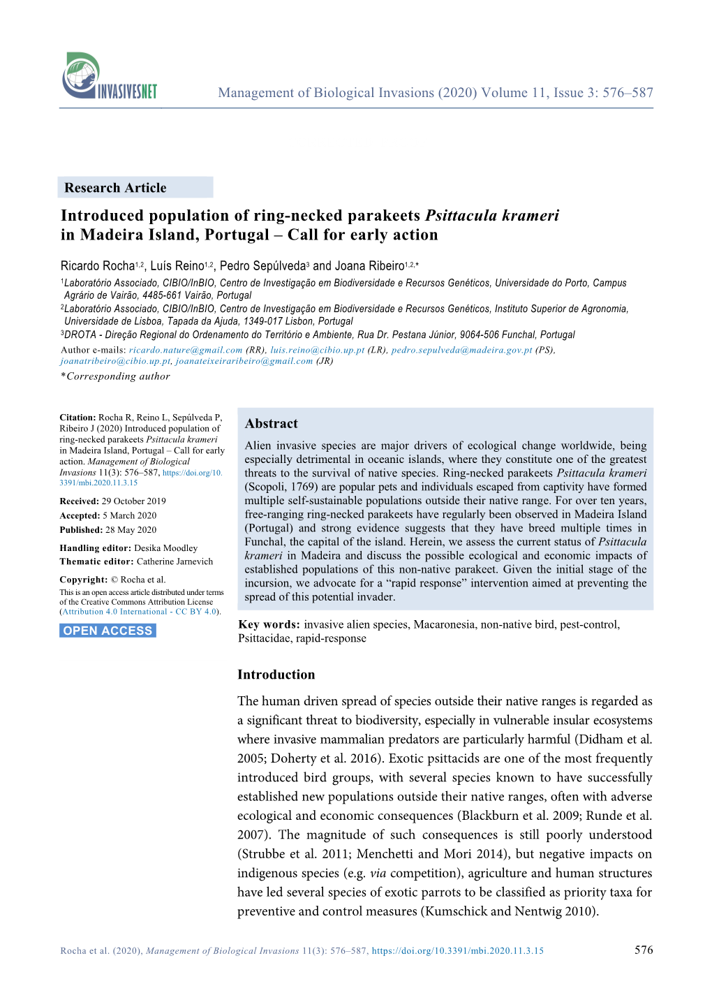 Introduced Population of Ring-Necked Parakeets Psittacula Krameri in Madeira Island, Portugal – Call for Early Action