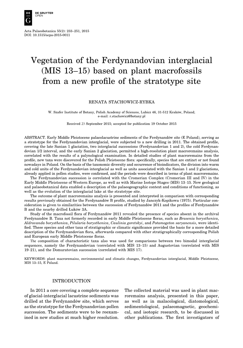 Vegetation of the Ferdynandovian Interglacial (MIS 13–15) Based on Plant Macrofossils from a New Profile of the Stratotype Site