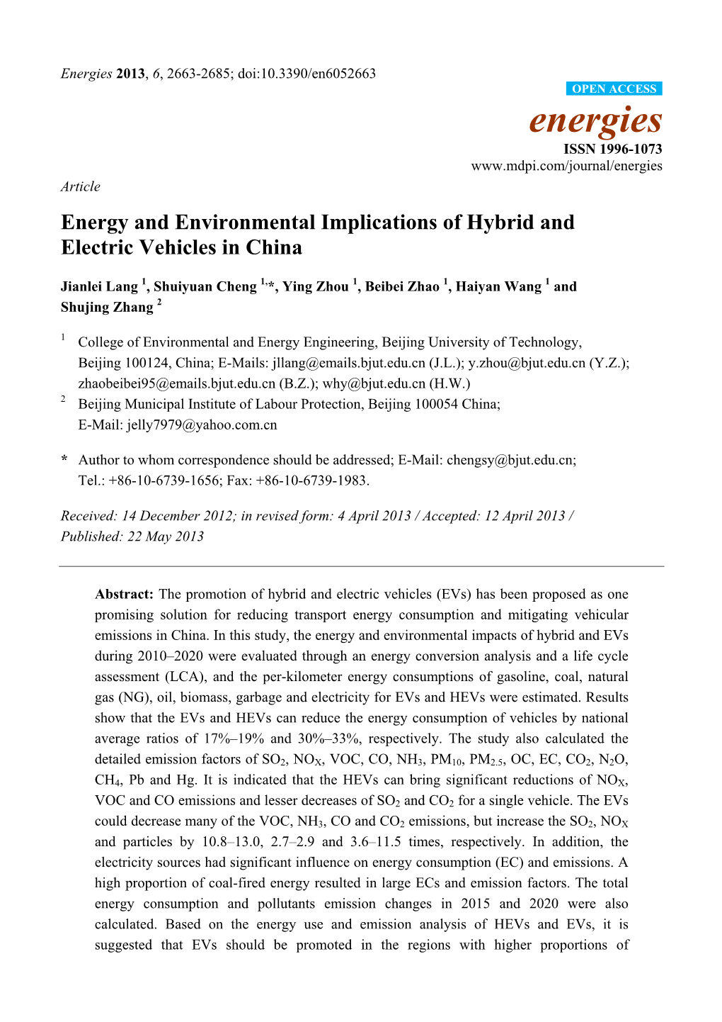 Energy and Environmental Implications of Hybrid and Electric Vehicles in China