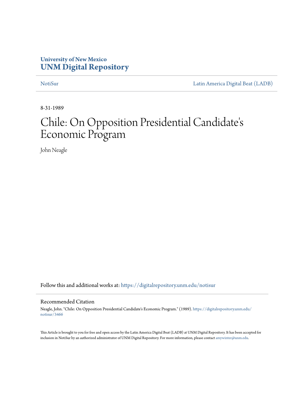 On Opposition Presidential Candidate's Economic Program John Neagle