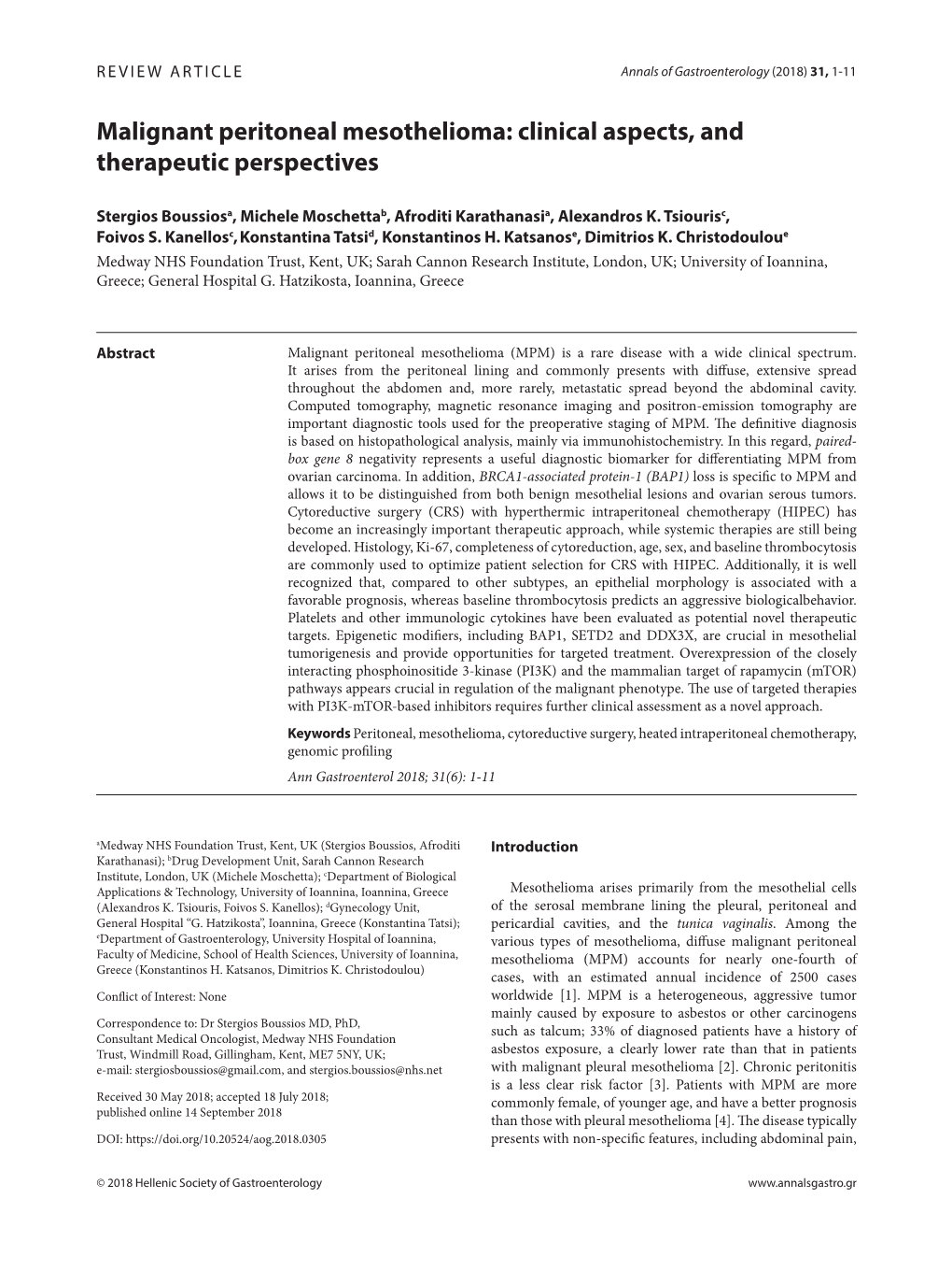 Malignant Peritoneal Mesothelioma: Clinical Aspects, and Therapeutic Perspectives