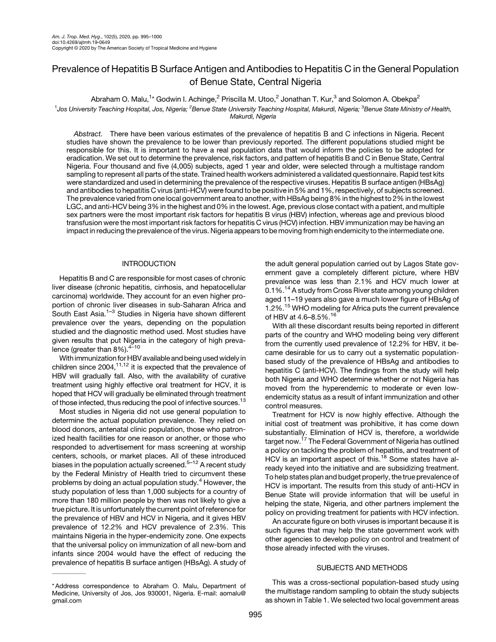 Prevalence of Hepatitis B Surface Antigen and Antibodies to Hepatitis C in the General Population of Benue State, Central Nigeria