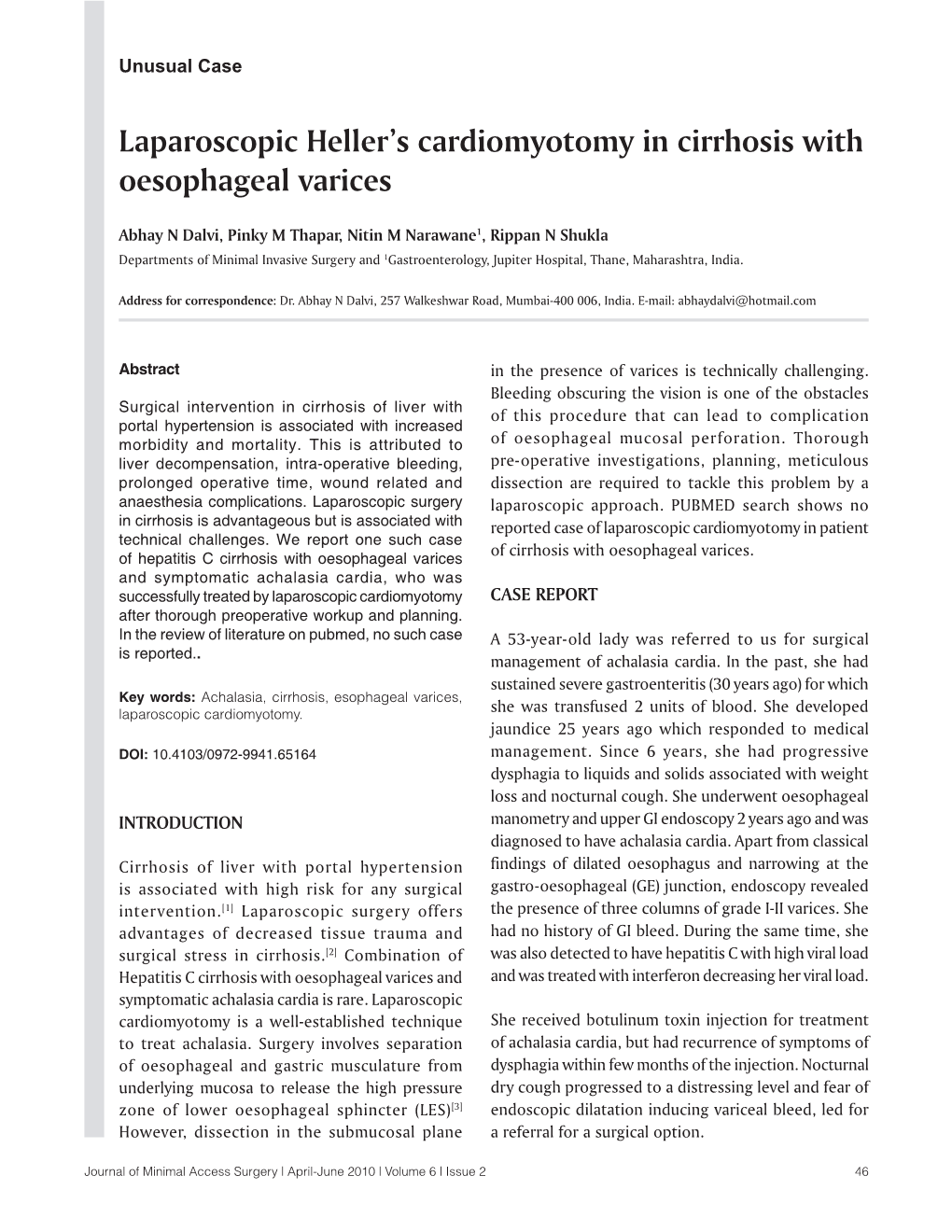 Laparoscopic Heller's Cardiomyotomy in Cirrhosis with Oesophageal Varices