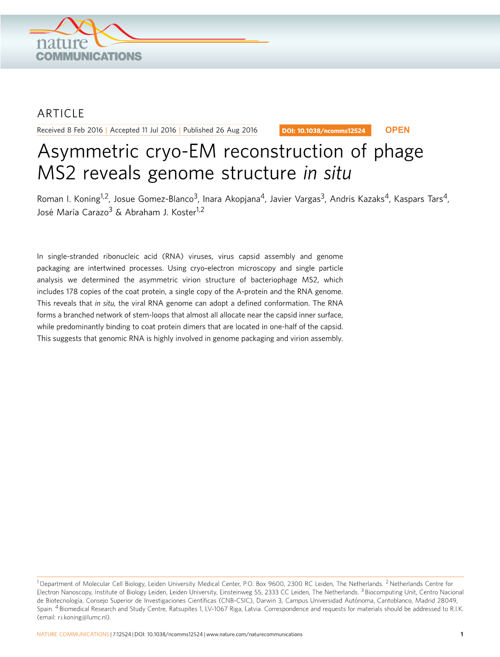 Asymmetric Cryo-EM Reconstruction of Phage MS2 Reveals Genome Structure in Situ