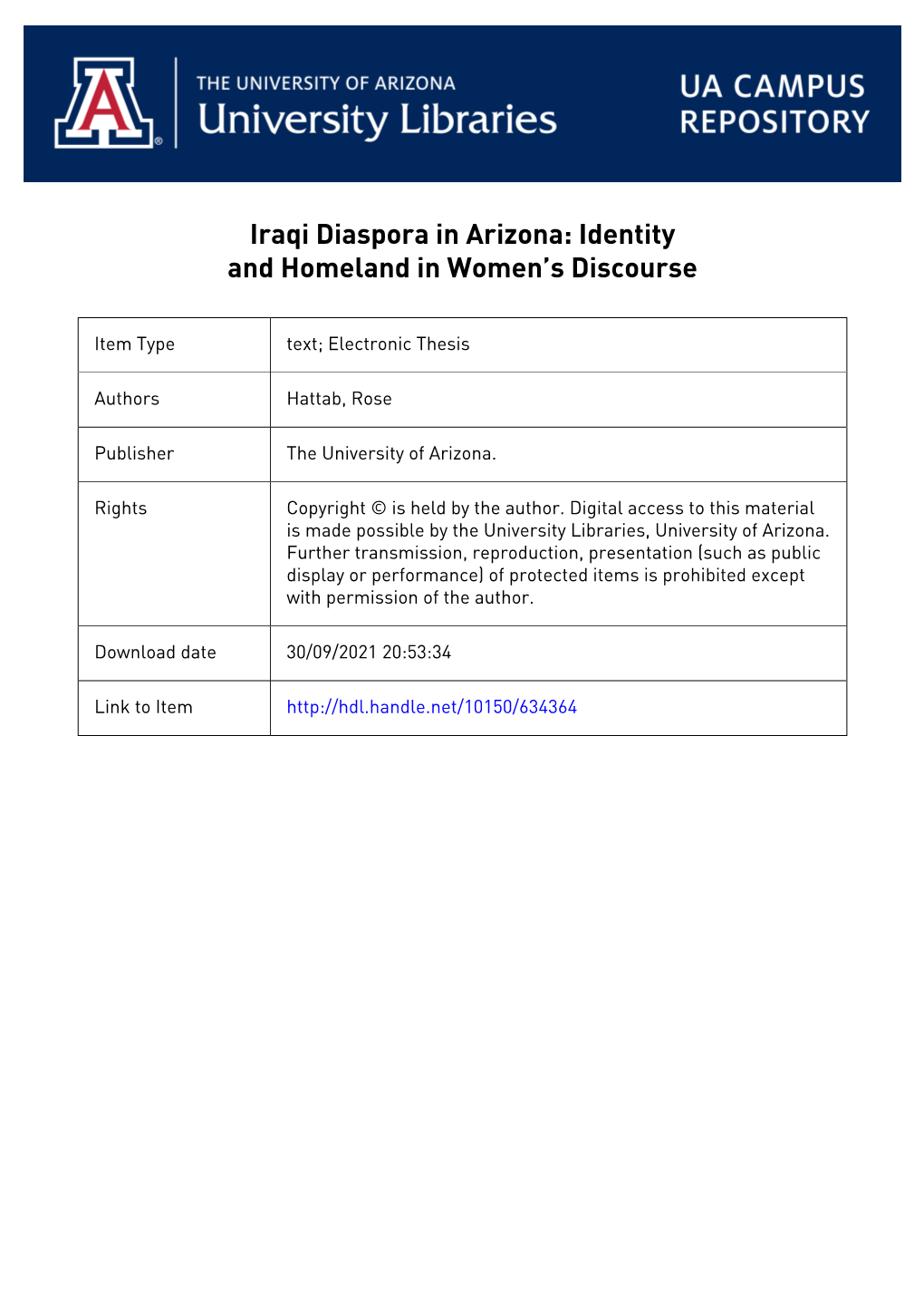 Iraqi Diaspora in Arizona: Identity and Homeland in Women’S Discourse