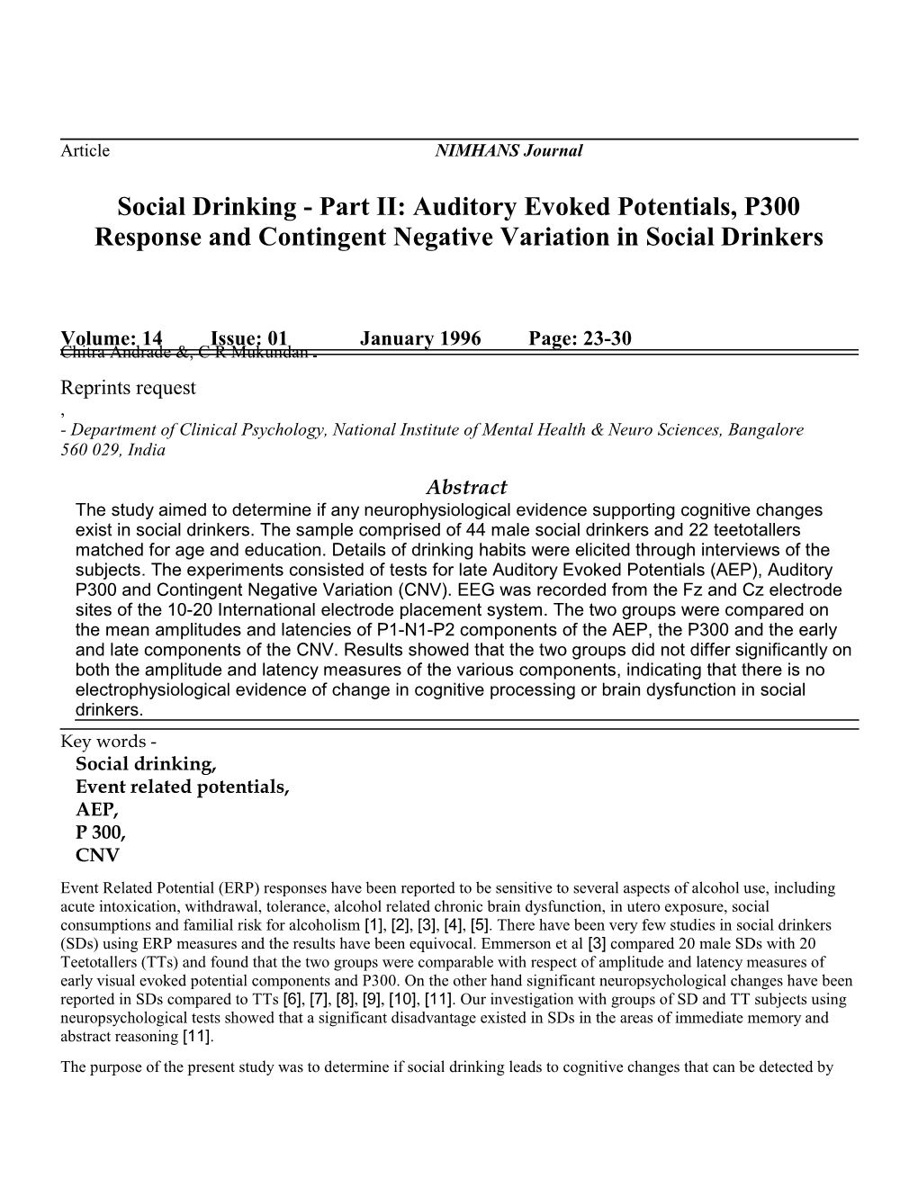 Part II: Auditory Evoked Potentials, P300 Response and Contingent Negative Variation in Social Drinkers