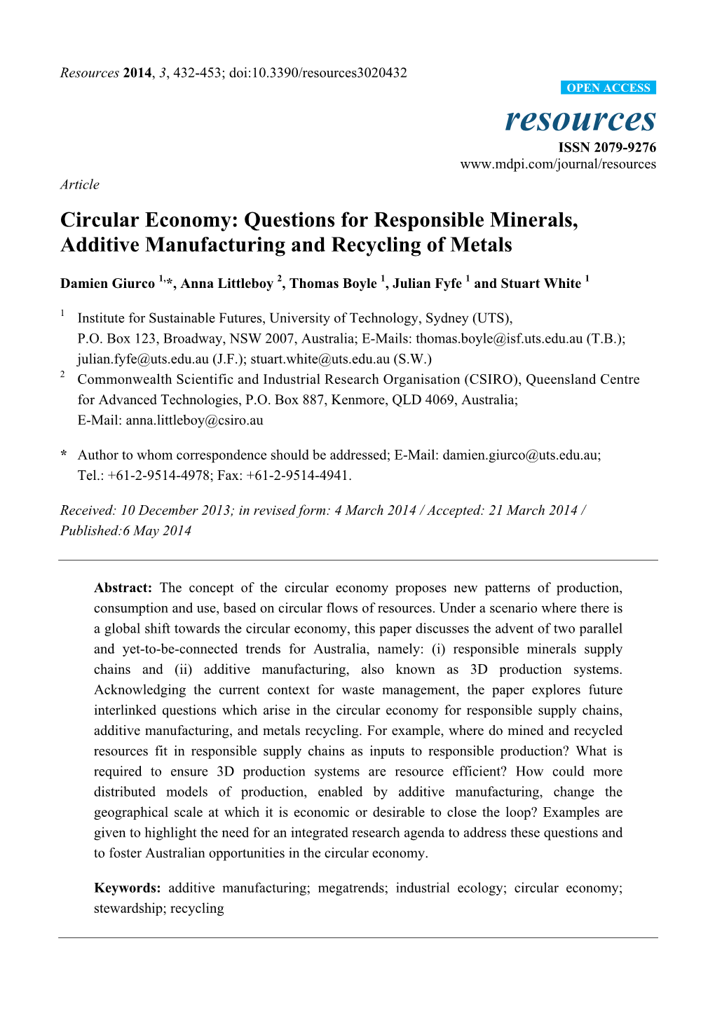 Circular Economy: Questions for Responsible Minerals, Additive Manufacturing and Recycling of Metals