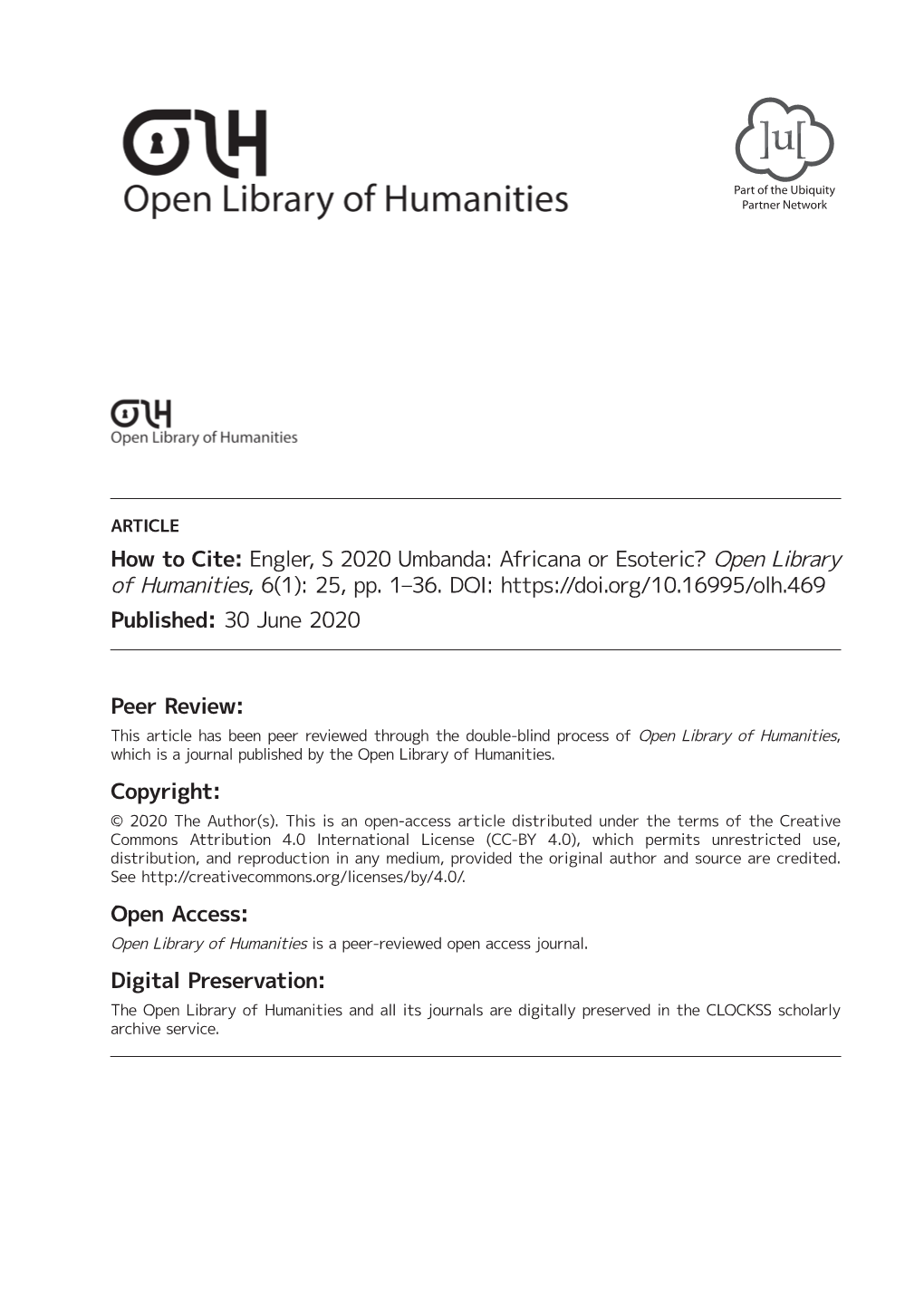 Umbanda: Africana Or Esoteric? Open Library of ­Humanities, 6(1): 25, Pp