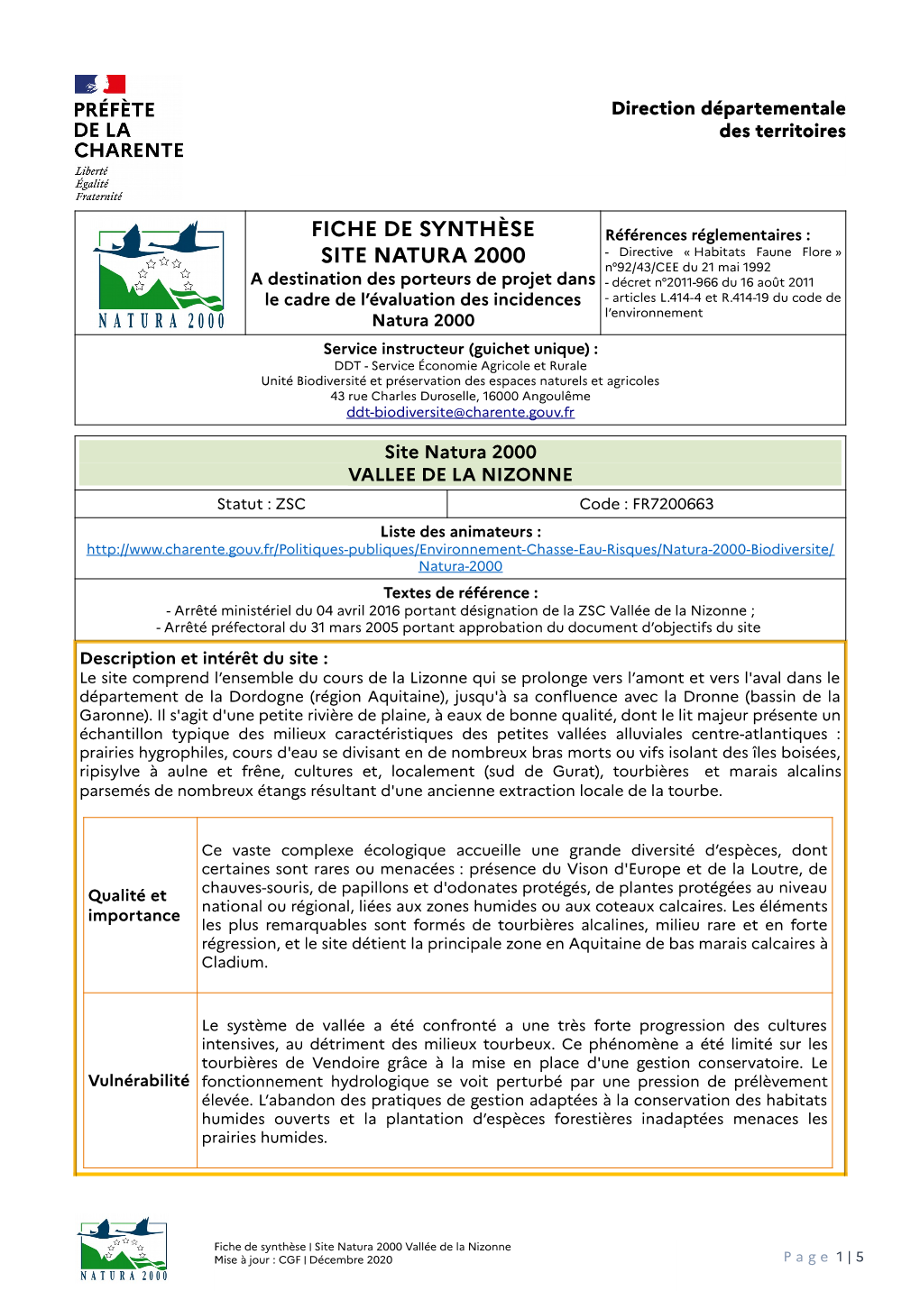 Fiche De Synthèse Site Natura 2000