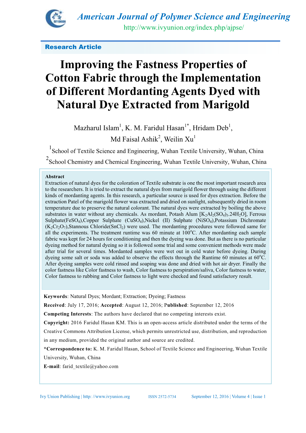 Improving the Fastness Properties of Cotton Fabric Through the Implementation of Different Mordanting Agents Dyed with Natural Dye Extracted from Marigold