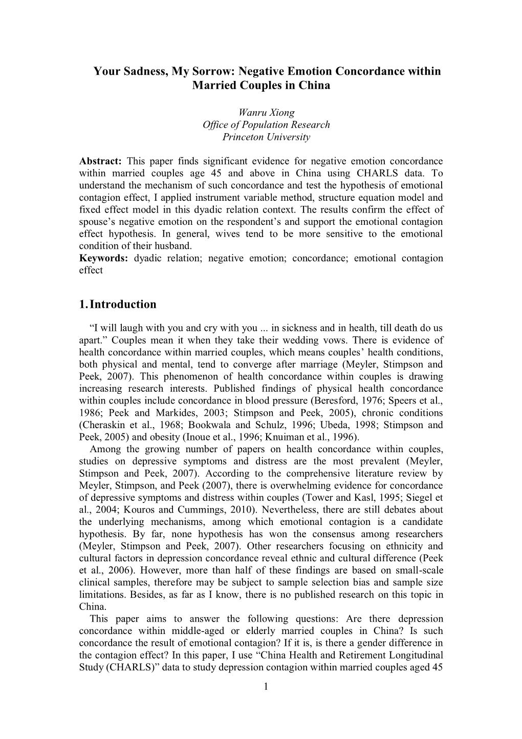 Your Sadness, My Sorrow: Negative Emotion Concordance Within Married Couples in China 1. Introduction