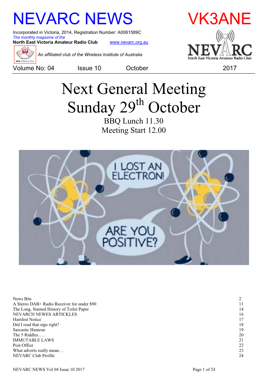 NEVARC NEWS VK3ANE Next General Meeting Sunday 29 October