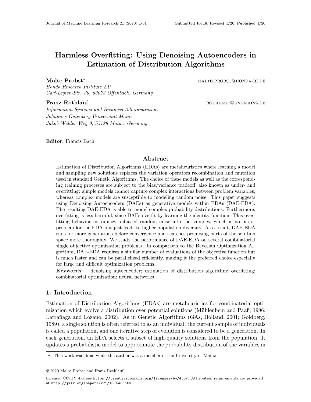 Harmless Overfitting: Using Denoising Autoencoders in Estimation of Distribution Algorithms