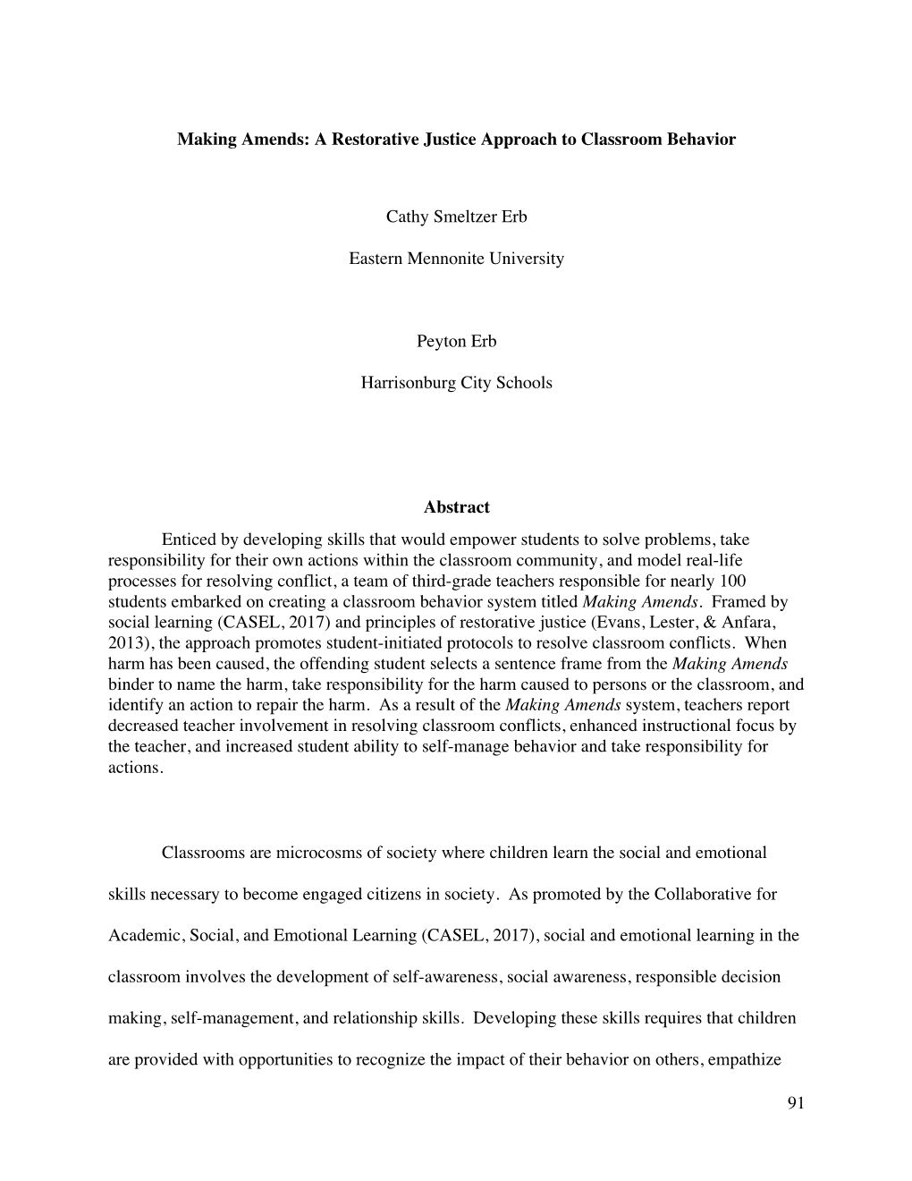 Making Amends: a Restorative Justice Approach to Classroom Behavior