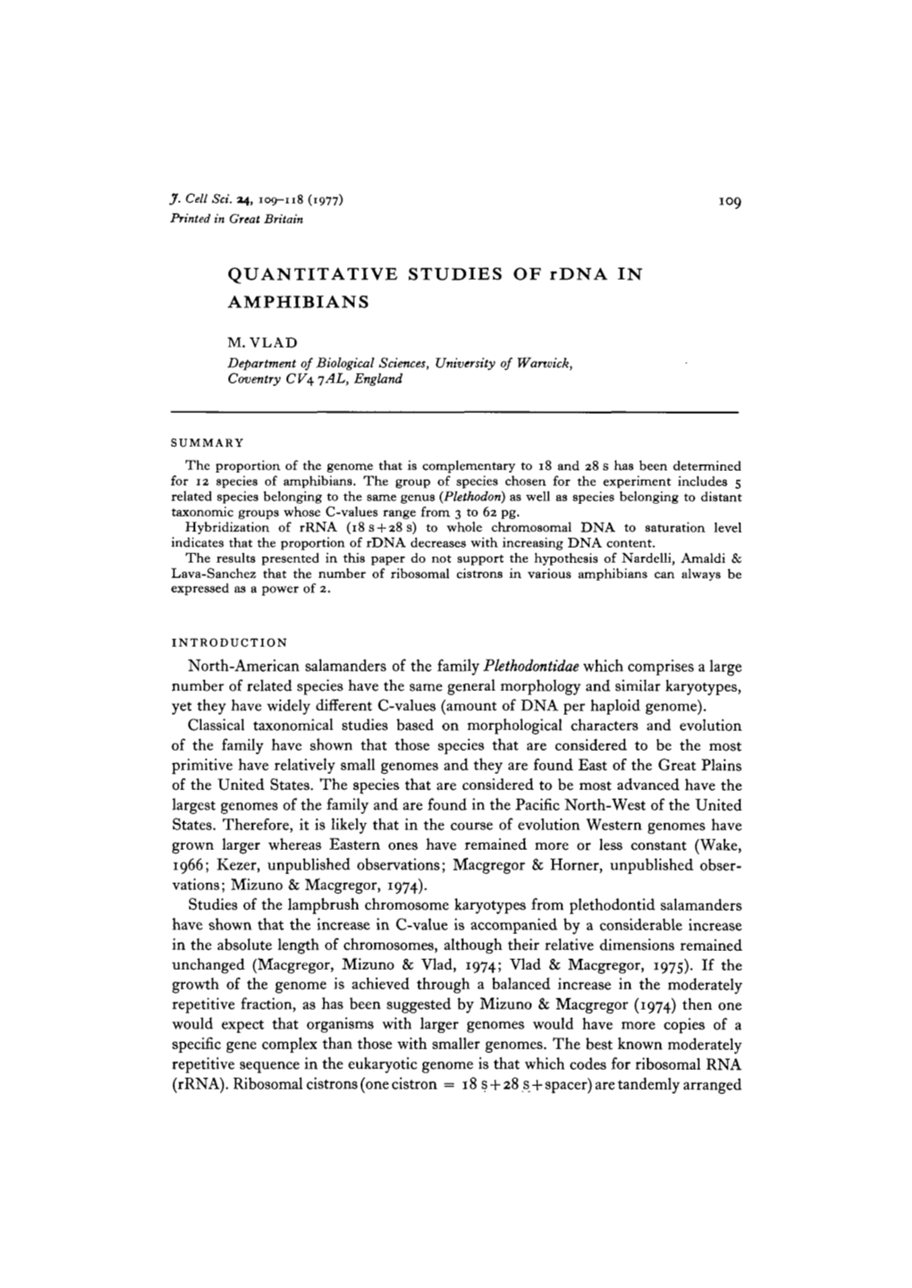 QUANTITATIVE STUDIES of Rdna in AMPHIBIANS