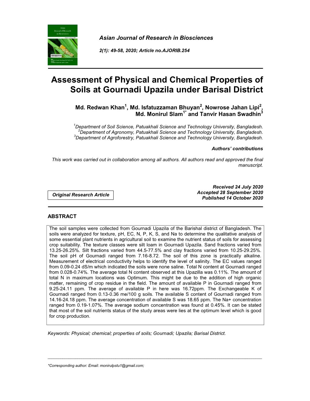 Assessment of Physical and Chemical Properties of Soils at Gournadi Upazila Under Barisal District