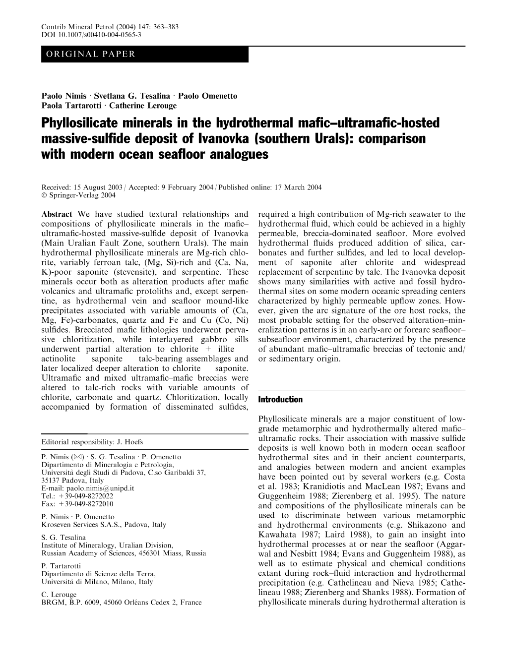 Phyllosilicate Minerals in the Hydrothermal Mafic–Ultramafic-Hosted Massive-Sulfide Deposit of Ivanovka