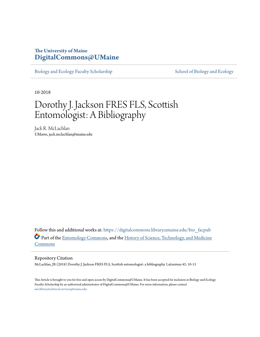 Dorothy J. Jackson FRES FLS, Scottish Entomologist: a Bibliography Jack R