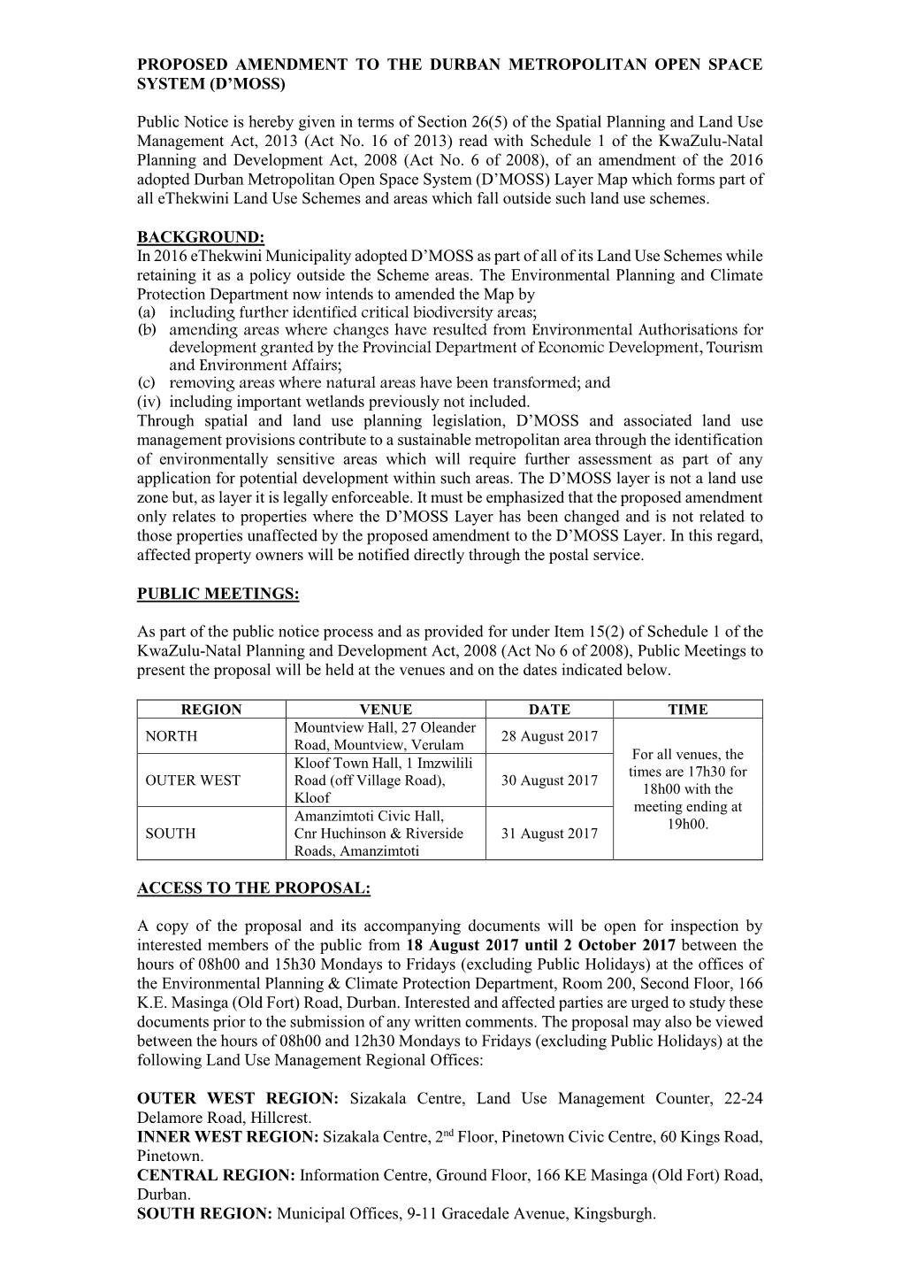 Proposed Amendment to the Durban Metropolitan Open Space System (D’Moss)