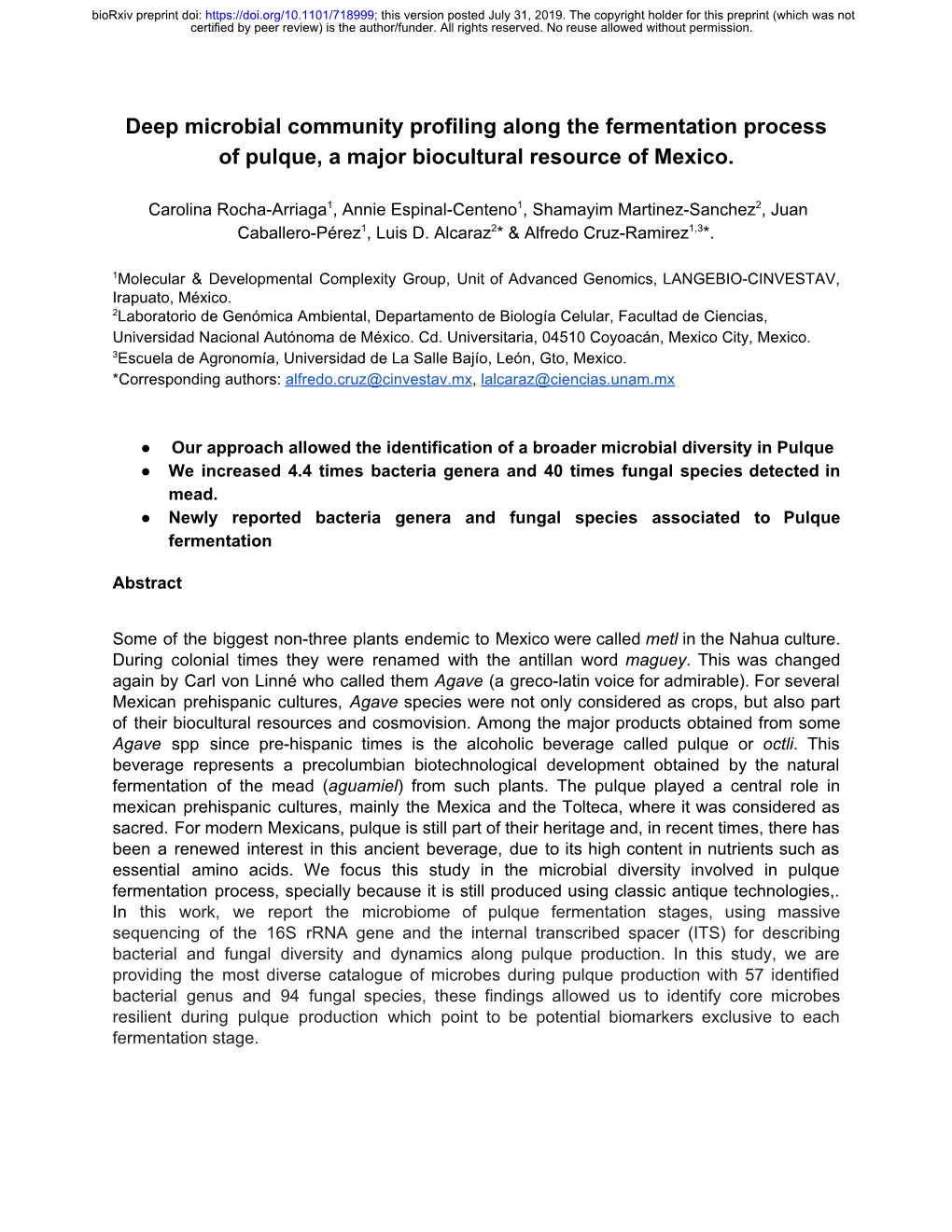 Deep Microbial Community Profiling Along the Fermentation Process of Pulque, a Major Biocultural Resource of Mexico