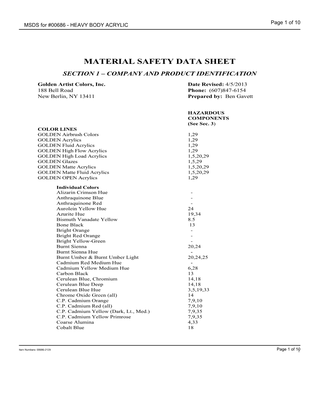 MSDS for #00686 - HEAVY BODY ACRYLIC Page 1 of 10