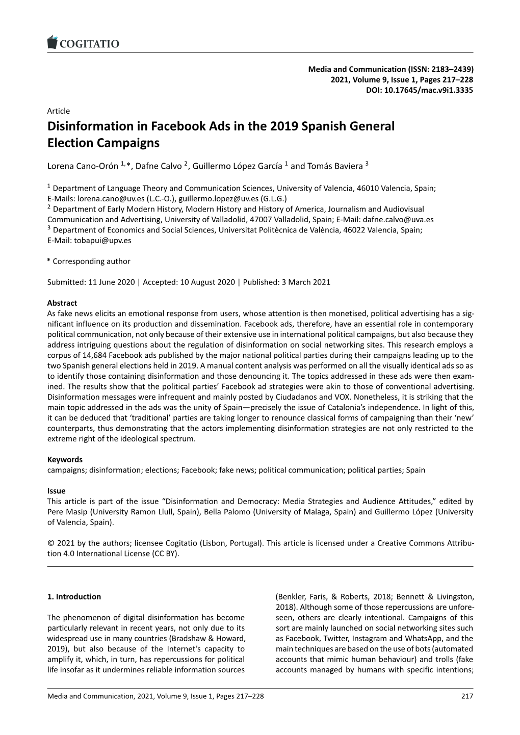 Disinformation in Facebook Ads in the 2019 Spanish General Election Campaigns