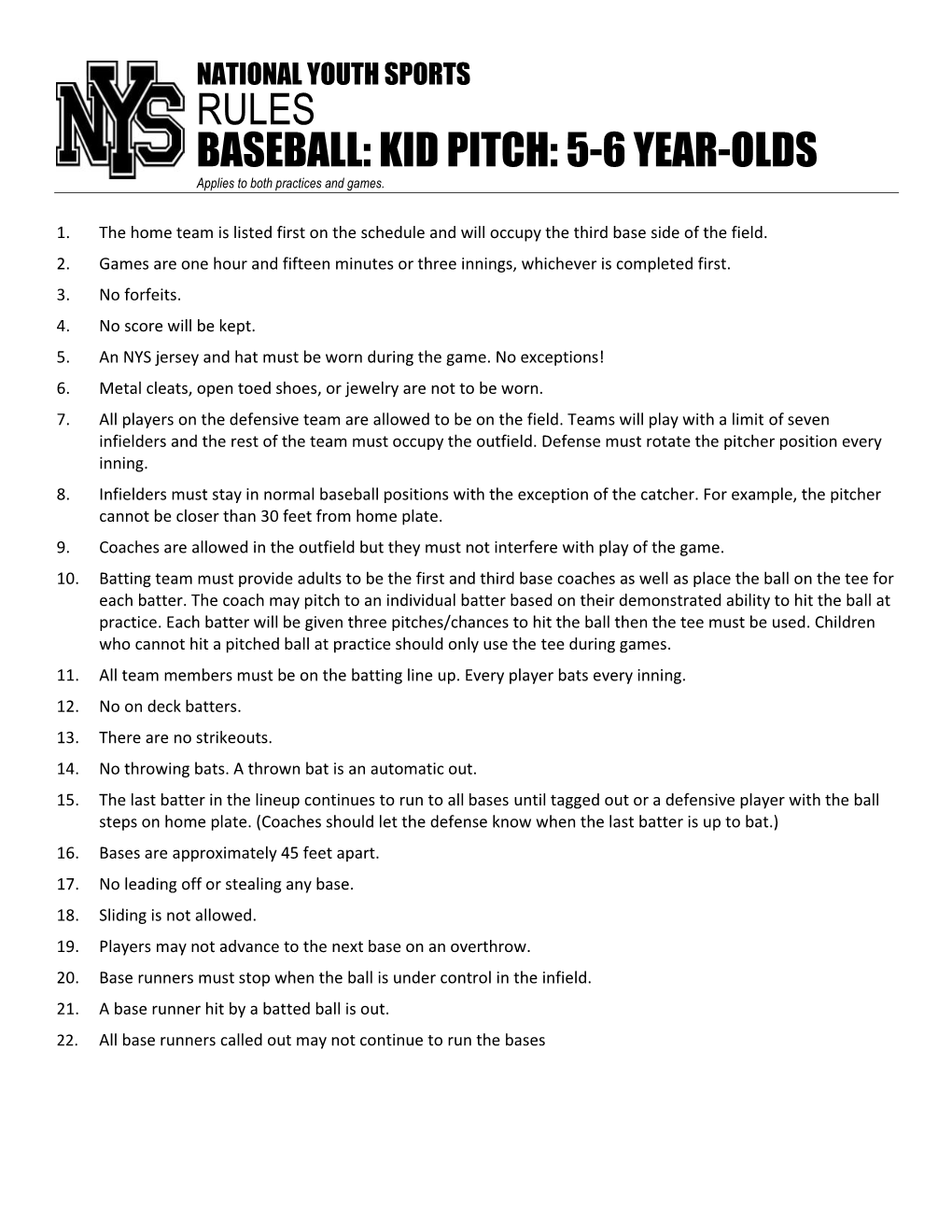 RULES BASEBALL: KID PITCH: 5-6 YEAR-OLDS Applies to Both Practices and Games